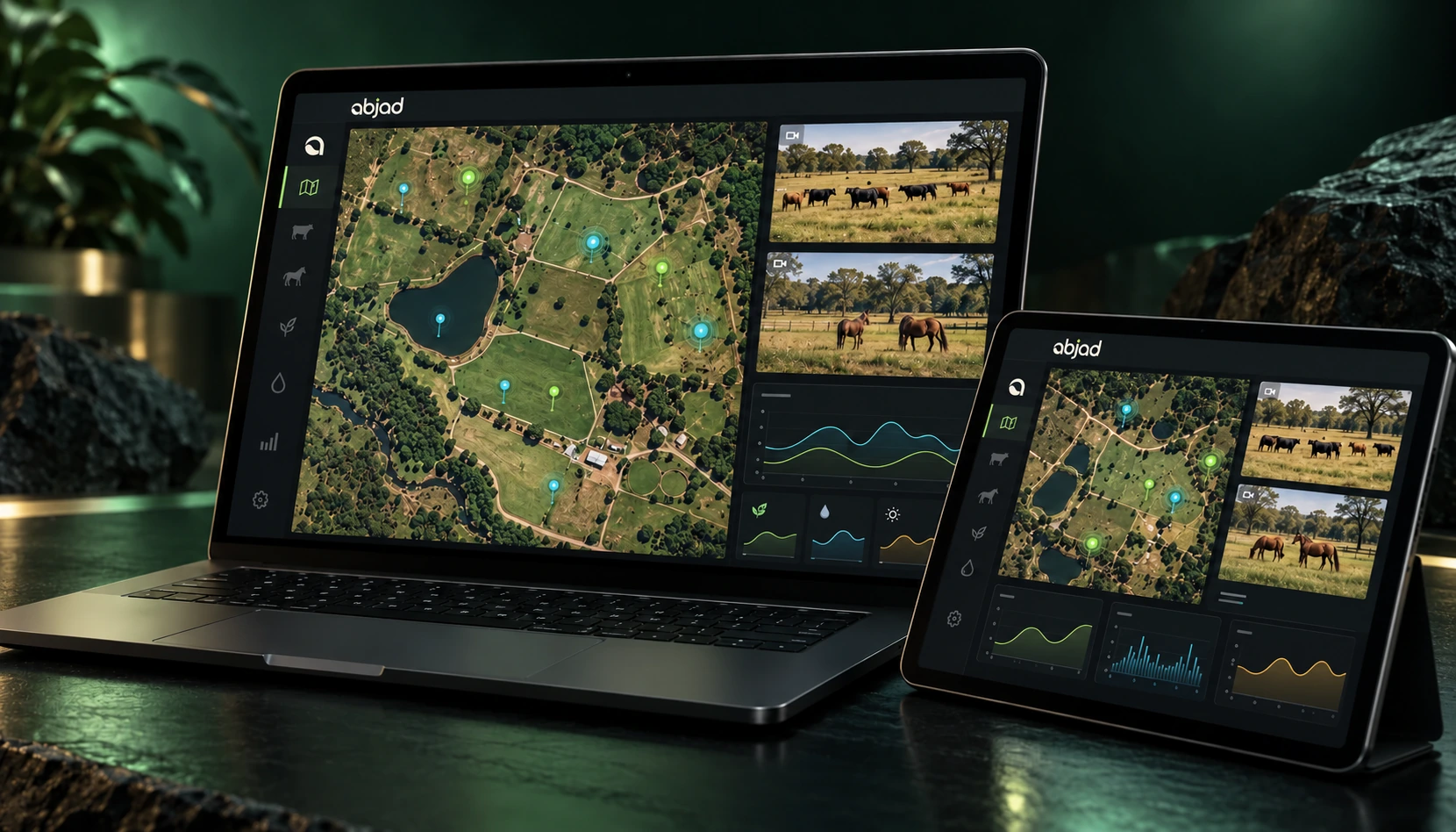 Illustrative Abjad monitoring screens with a property map and livestock camera views