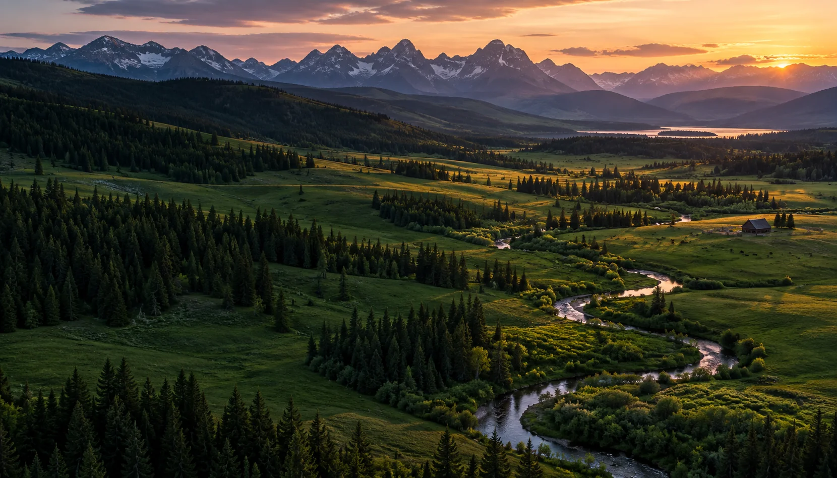 Creek, pasture and forest in an Alberta-style mountain landscape